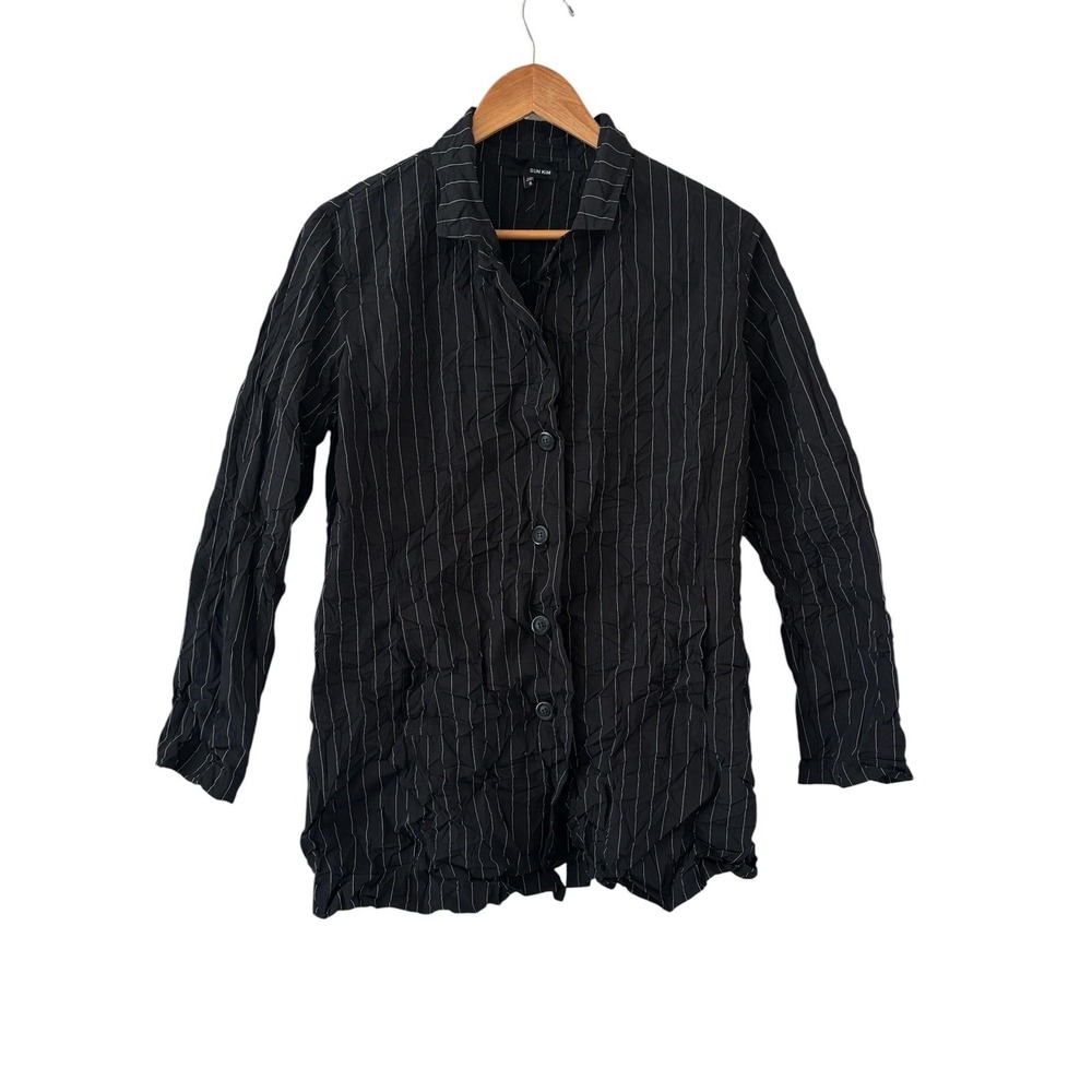 Sun Kim Crinkle Tunic Top Womens Size S Black Stripe Button Up Lagenlook Travel
